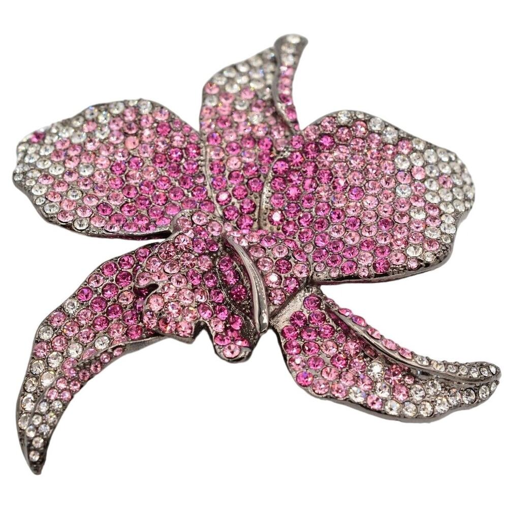 PJM Crystal Flower Brooch Pin 4" Rhinestone Pink Gunmetal Vintage Signed BinV